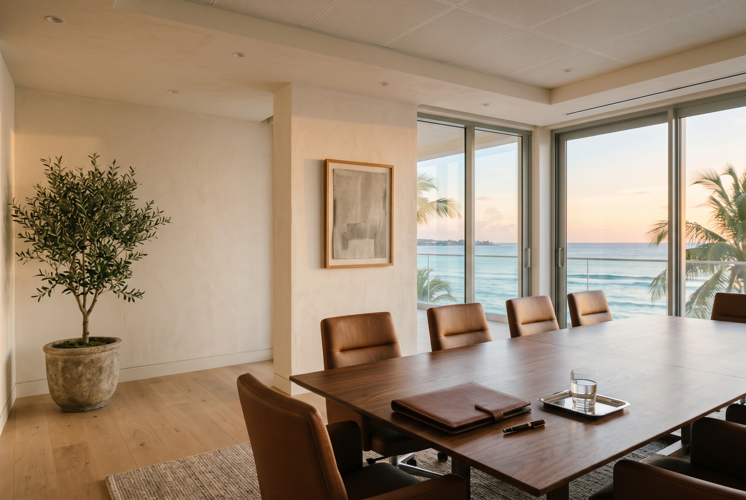A private Cayman Islands boardroom overlooking the Caribbean sea at golden hour